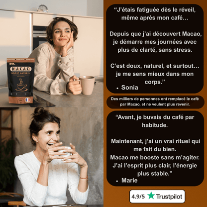 Témoignages clients sur Macao – boisson naturelle sans caféine, savoureuse et énergisante, notée 4.9/5 sur Trustpilot.