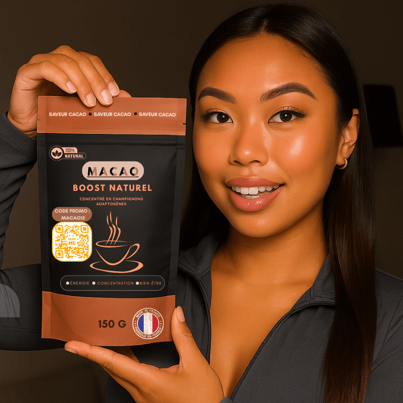 Femme souriante tenant un sachet Macao, boisson sans caféine à base de champignons adaptogènes, pour énergie naturelle et concentration.