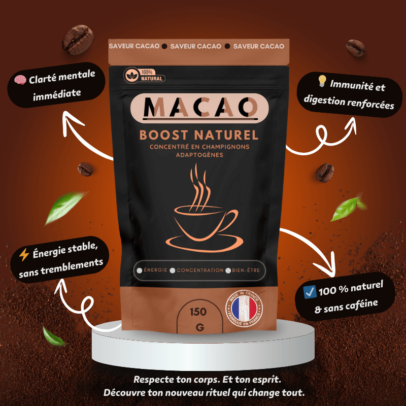 Sachet de la boisson Macao aux champignons adaptogènes – boost naturel de l’immunité, de l’énergie et de la concentration.