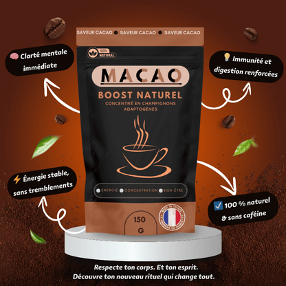 Sachet de la boisson Macao aux champignons adaptogènes – boost naturel de l’immunité, de l’énergie et de la concentration.