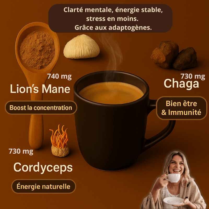 Ingrédients clés de Macao : Lion’s Mane, Chaga, Cordyceps – concentrés naturels pour l’énergie, la clarté mentale et l’immunité.