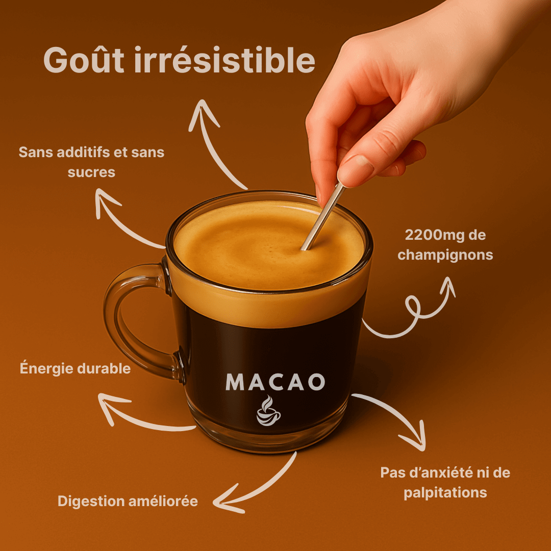 Tasse de Macao – goût irrésistible, sans sucre ni additifs, avec 2200 mg de champignons adaptogènes pour une énergie durable.